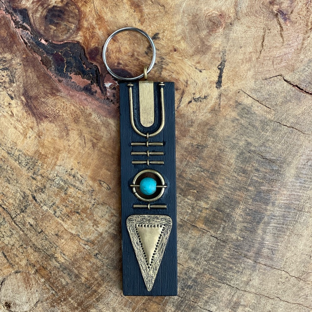 Mahogany, Brass & Rare Blue Bead Keychain – Handcrafted by Musyoka Martin